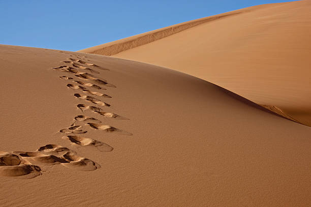Footprints on desert sand dune stock photo
