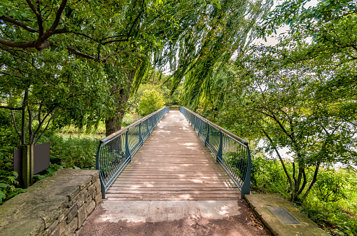 Walking bridge in the Chicago Botanic Garden, summer landscape, Glencoe, Illinois, USA