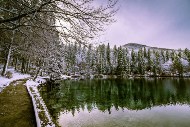 istock first snow at the mountain lake 1085594400