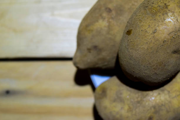 Close-up Fresh potatoes lying on wooden table
