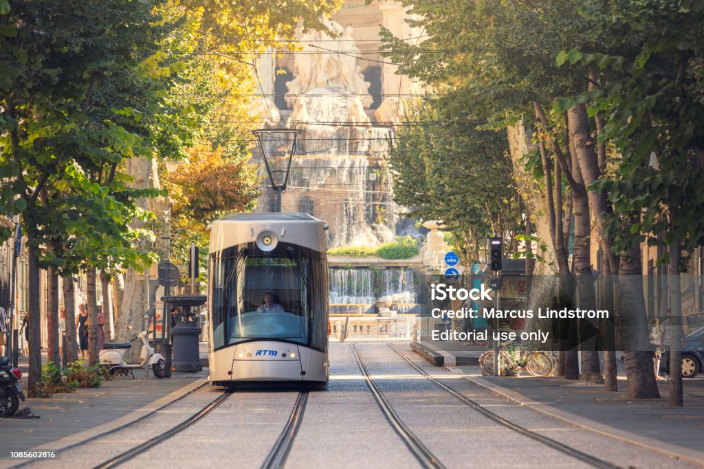 Tram in central Marseille A tram running along Boulevard Longchamp in central Marseille. The tramway in Marseille is operated by RTM, Régie des Transports de Marseille. Marseille Stock Photo