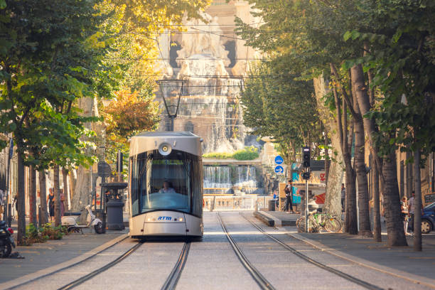 Tram in central Marseille stock photo