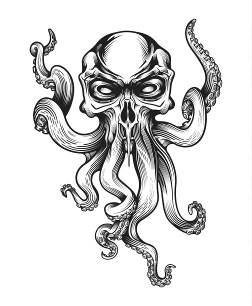 illustrazioni stock, clip art, cartoni animati e icone di tendenza di mascotte malvagia teschio-polpo. - kraken