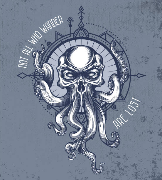 ilustraciones, imágenes clip art, dibujos animados e iconos de stock de el kraken citar poster - "no todos los que vagan están perdidos" - skull gothic style evil dark