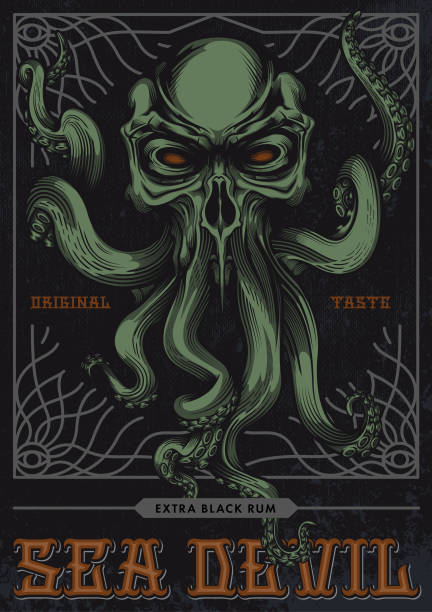 "Sea Devil", alcohol label design. vector art illustration