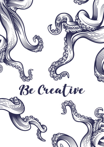 "kreativ sein" plakat mit tentakeln. - octopus tentacle isolated white stock-grafiken, -clipart, -cartoons und -symbole