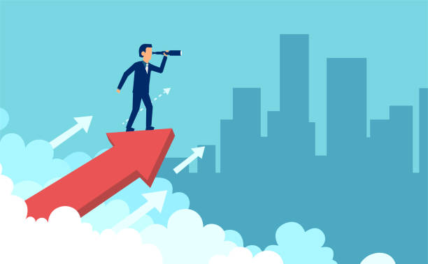 Smart businessman looking forward in spyglass Concept graphic design of businessman on growing arrow looking in future with spyglass against cityscape estimate stock illustrations