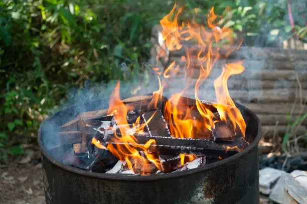 Photo of Fire flames on black background, on fire abstract