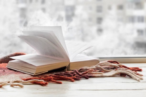 Opened book with warm plaid on white windowsill against winter view from outside