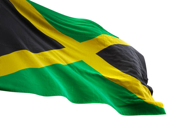 Jamaica flag close-up waving isolated white background realistic 3d illustration