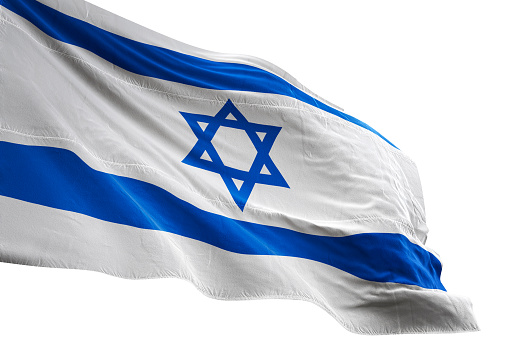 Israel flag close-up waving isolated white background realistic 3d illustration