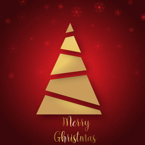 istock Beautiful Christmas card with a tree of triangles and with snowflakes on a red background 1085629304