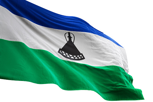 Lesotho flag close-up waving isolated white background realistic 3d illustration