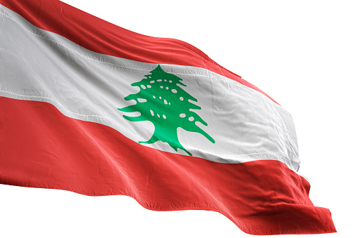 Lebanon flag close-up waving isolated white background realistic 3d illustration