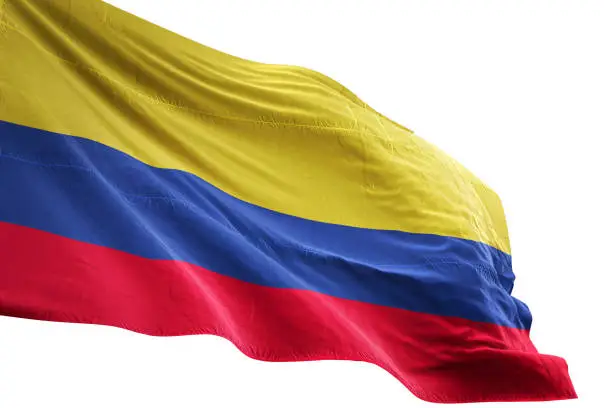 Photo of Colombia flag close-up waving isolated white background