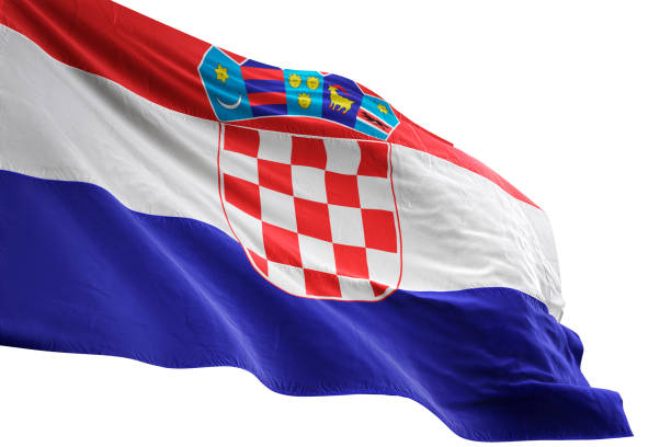 istock Croatia flag close-up waving isolated white background 1085631928
