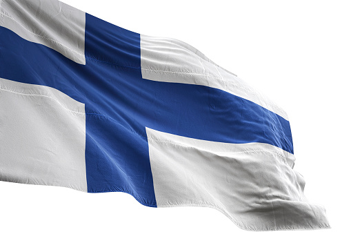 Finland flag close-up waving isolated white background realistic 3d illustration