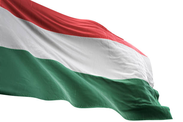 ungheria bandiera primo piano sventolando sfondo bianco isolato - hungarian flag foto e immagini stock