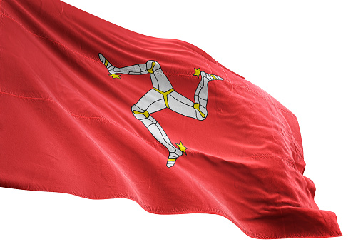 Isle of Mann flag close-up waving isolated white background realistic 3d illustration