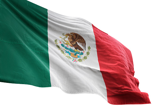 Mexico flag close-up waving isolated white background realistic 3d illustration