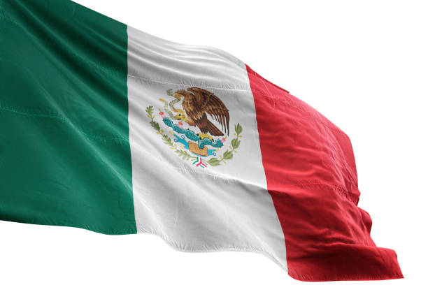 mexico flag close-up waving isolated white background - mexican flag mexico flag digitally generated image imagens e fotografias de stock