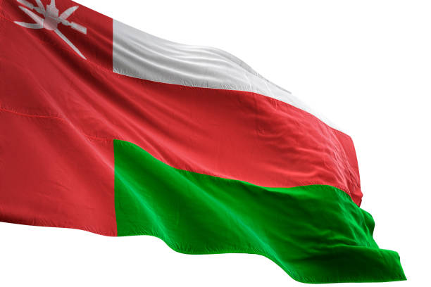 Oman flag close-up waving isolated white background realistic 3d illustration