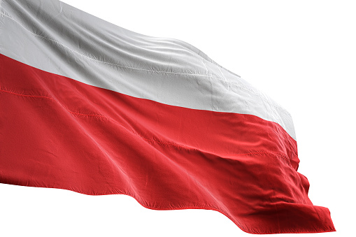 Poland flag close-up waving isolated white background realistic 3d illustration