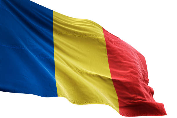 istock Romania flag close-up waving isolated white background 1085634288