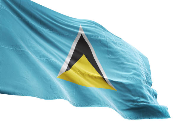 The image shows the national flag of Saint Lucia, featuring its distinctive blue field with a white, black, and yellow triangular emblem. The geometric design symbolizes unity and the twin volcanic peaks known as the Pitons.