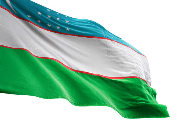 3d illustration flag of Uzbekistan. Uzbekistan flag isolated on the blue sky with clipping path.