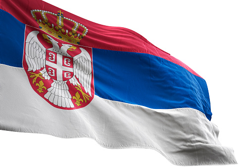 Serbia flag close-up waving isolated white background realistic 3d illustration