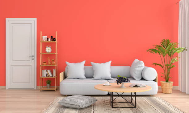 istock Sofa and table in orange living room, 3D rendering 1085640368