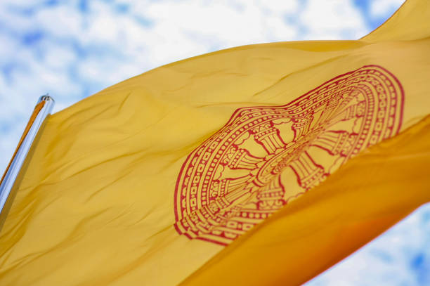 istock Buddism flag blow in the sky. 1085641120