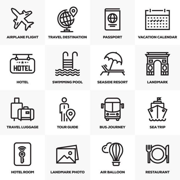 TOURISM AND TRAVEL LINE ICONS SET TOURISM AND TRAVEL LINE ICONS SET cruise ship cruise passport map stock illustrations