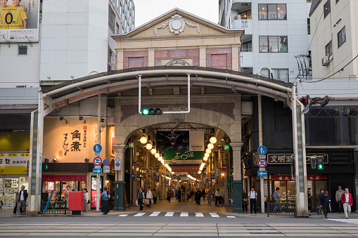 Nagasaki, Japan - October 22, 2018: Entrance to the Bellenade shopping mall at Kanko Dori St in Nagasaki