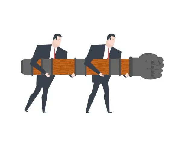 Vector illustration of Business team and Battering ram. Wall Mounted machine. Businessman and siege weapon