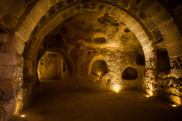 Explore Kaymakli underground cave city in Cappadocia, Turkey. stock photo
