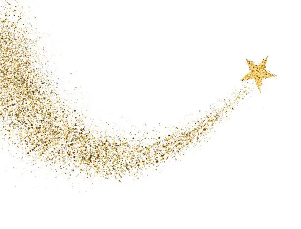 Vector illustration of Star dust trail with glitter sparkling particles on white background. Gold glittering space comet tail. Cosmic wave. Golden shining star with dust tail. Festive backdrop. Vector illustration
