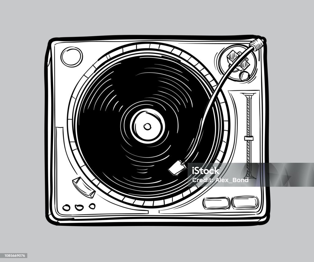 Monochrome funky drawn turntable decorative vector artwork Record - Analog Audio stock vector