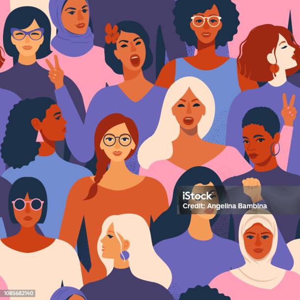 異なる民族のシームレスなパターンの女性の多様な顔女性エンパワーメント運動パターンベクトルの国際女性の日グラフィック - 女性のベクターアート素材や画像を多数ご用意