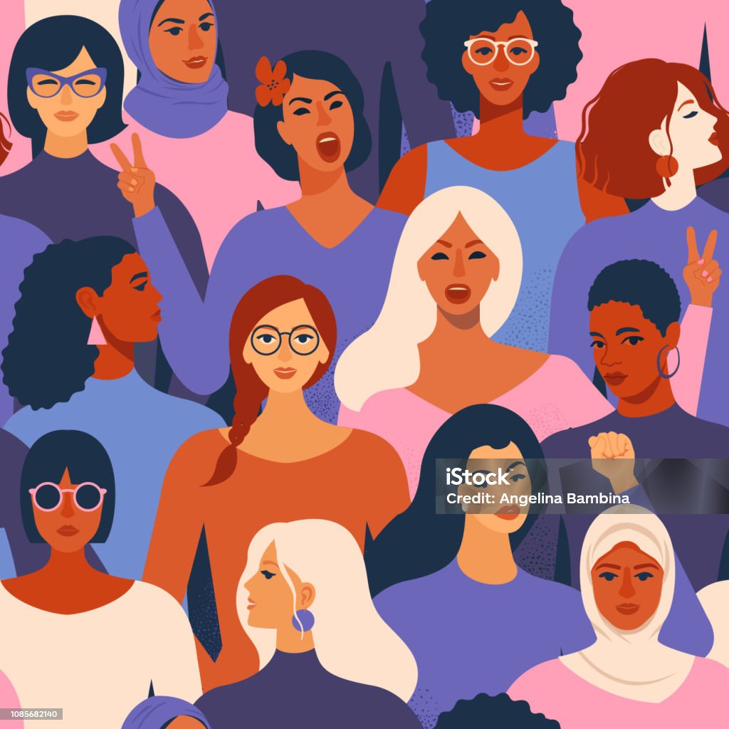 Female diverse faces of different ethnicity seamless pattern. Women empowerment movement pattern. International womens day graphic in vector. Female diverse faces of different ethnicity seamless pattern. Women empowerment movement pattern International womens day graphic in vector. Women stock vector