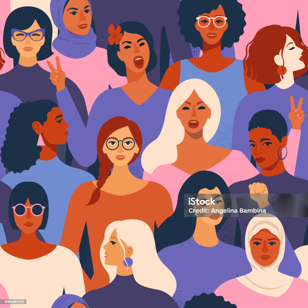 不同種族無縫格局的女性多樣化的面孔。增強婦女權能運動模式。國際婦女日圖表在向量。 - 免版稅女人圖庫向量圖形