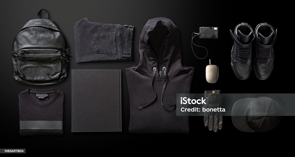 Men’s clothing with personal accesorries Men’s clothing with personal accesorries on black background Black Color Stock Photo