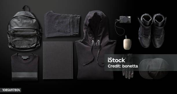 Mens Clothing With Personal Accesorries Stock Photo - Download Image Now - Black Color, T-Shirt, Clothing