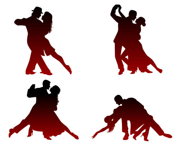 ilustraciones, imágenes clip art, dibujos animados e iconos de stock de siluetas de cuatro parejas de bailes - tango
