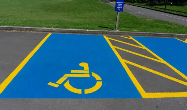 Disability car parks marked out in international standard signage bright blue and yellow.
