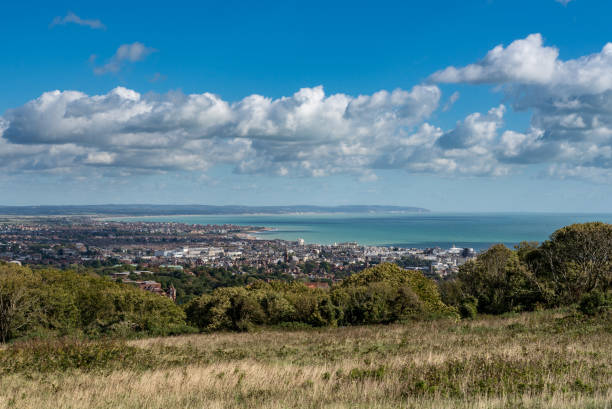 Panorama of the resort of Eastbourne in Sussex Panoramic overview of the seaside town of Eastbourne from the downs leading to Beachy Head eastbourne pier photos stock pictures, royalty-free photos & images