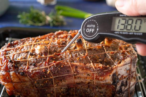 geroosterd rundvlees meettemperatuur - thermometer stockfoto's en -beelden