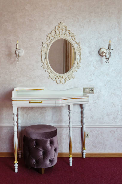 portrait of vintage vanity table set with mirror