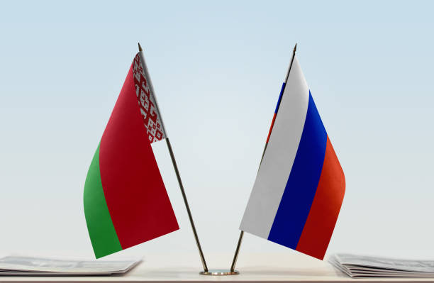Flags of Belarus and Russia stock photo